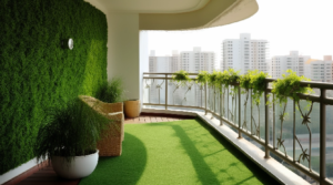 Sztuczna trawa na podłodzie i na ścianie na balkonie