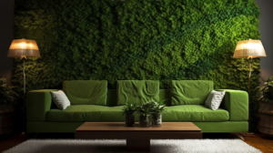 Salon ze sztuczna trawą na ścianie, na środku zielona kanapa